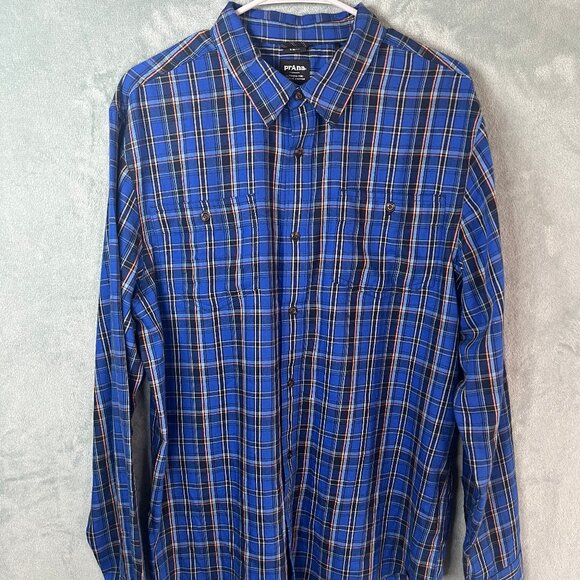 Prana Dolberg Flannel Shirt Mens L Blue Plaid Slim Fit Long Sleeve Button Up - Picture 1 of 15